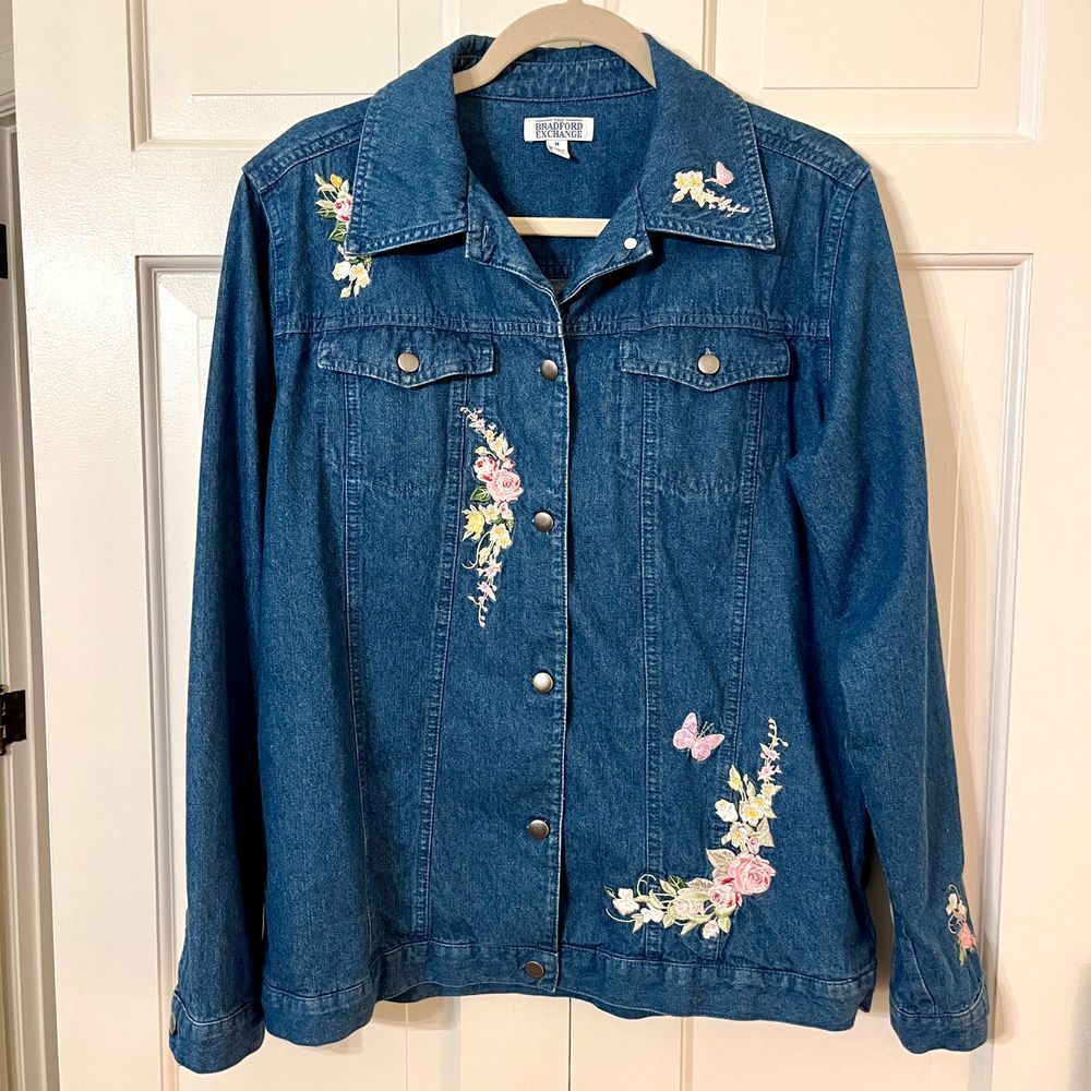 Bradford Exchange Floral Embroidered Denim Jacket Butterfly Roses Cottagecore M